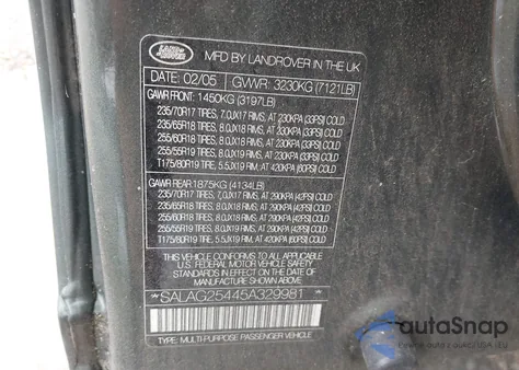 2005 Land Rover Lr3 Hse from USA, damaged, VIN SALAG25445A329981